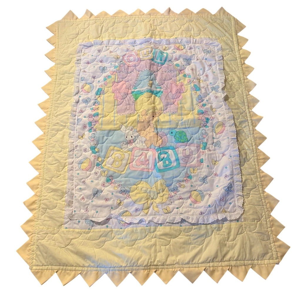Vtg Precious Moments Our Baby Quilt Sawtooth Yellow Pastel Cottagecore 61x47